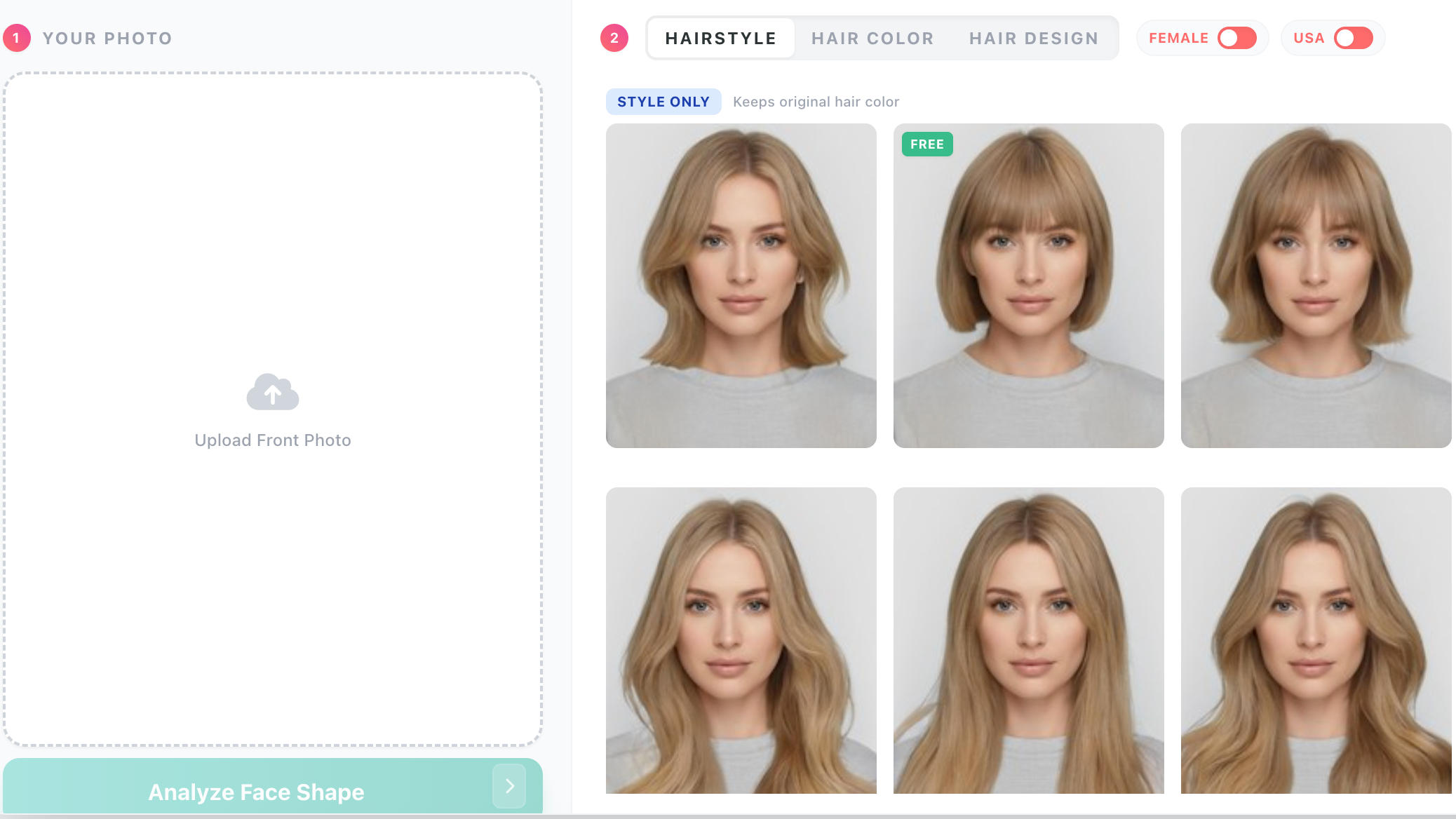TryHair.ai face shape analyzer interface showing twist hairstyle simulation