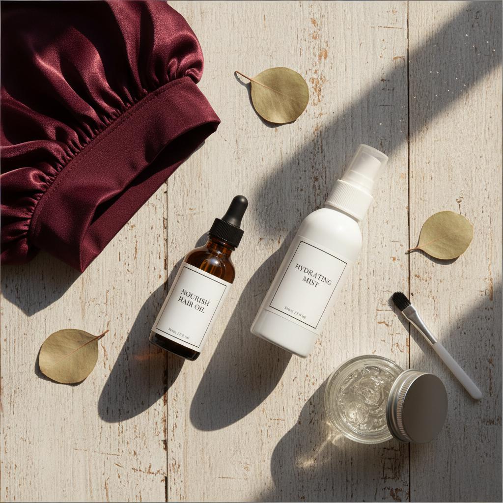 Essential twist maintenance tools: hair oil, spray bottle, silk bonnet, edge control