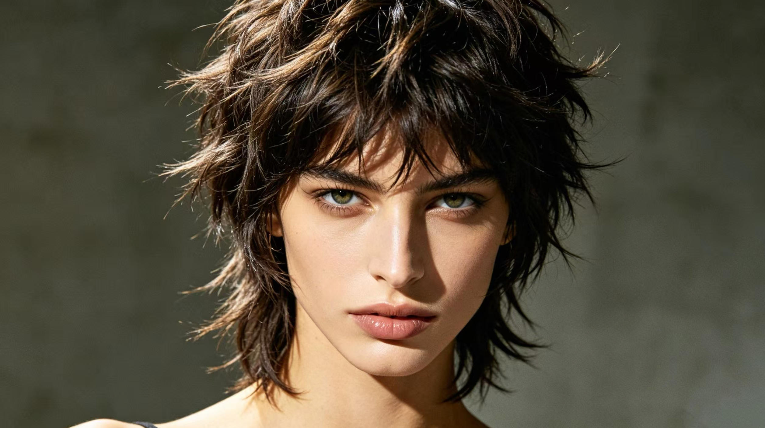 A model with a diamond face shape showcasing a modern wolf cut mullet hairstyle with textured layers