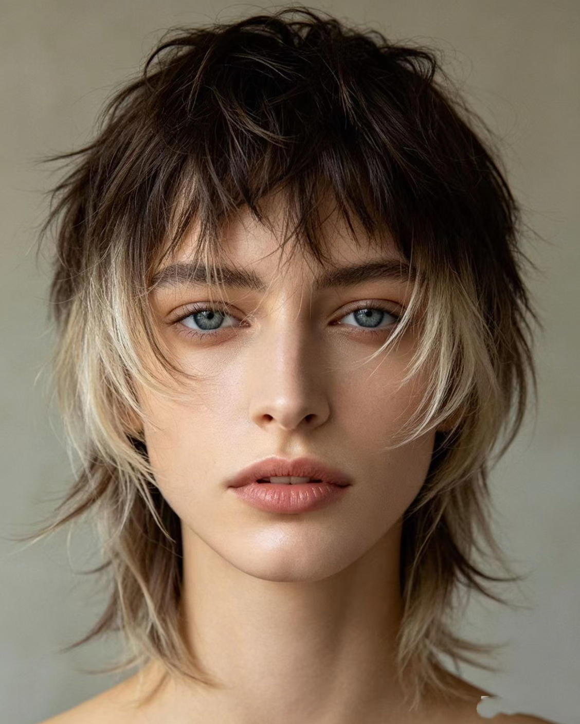 Close-up portrait showing how a wolf cut with wispy bangs frames a diamond face shape and softens cheekbones