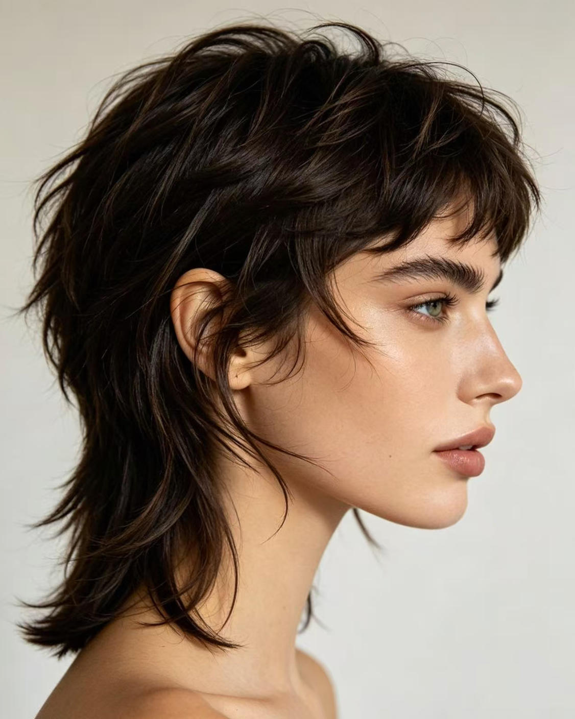 Side profile showing the layered structure of a wolf cut optimized for diamond face shapes with crown volume and face-framing layers