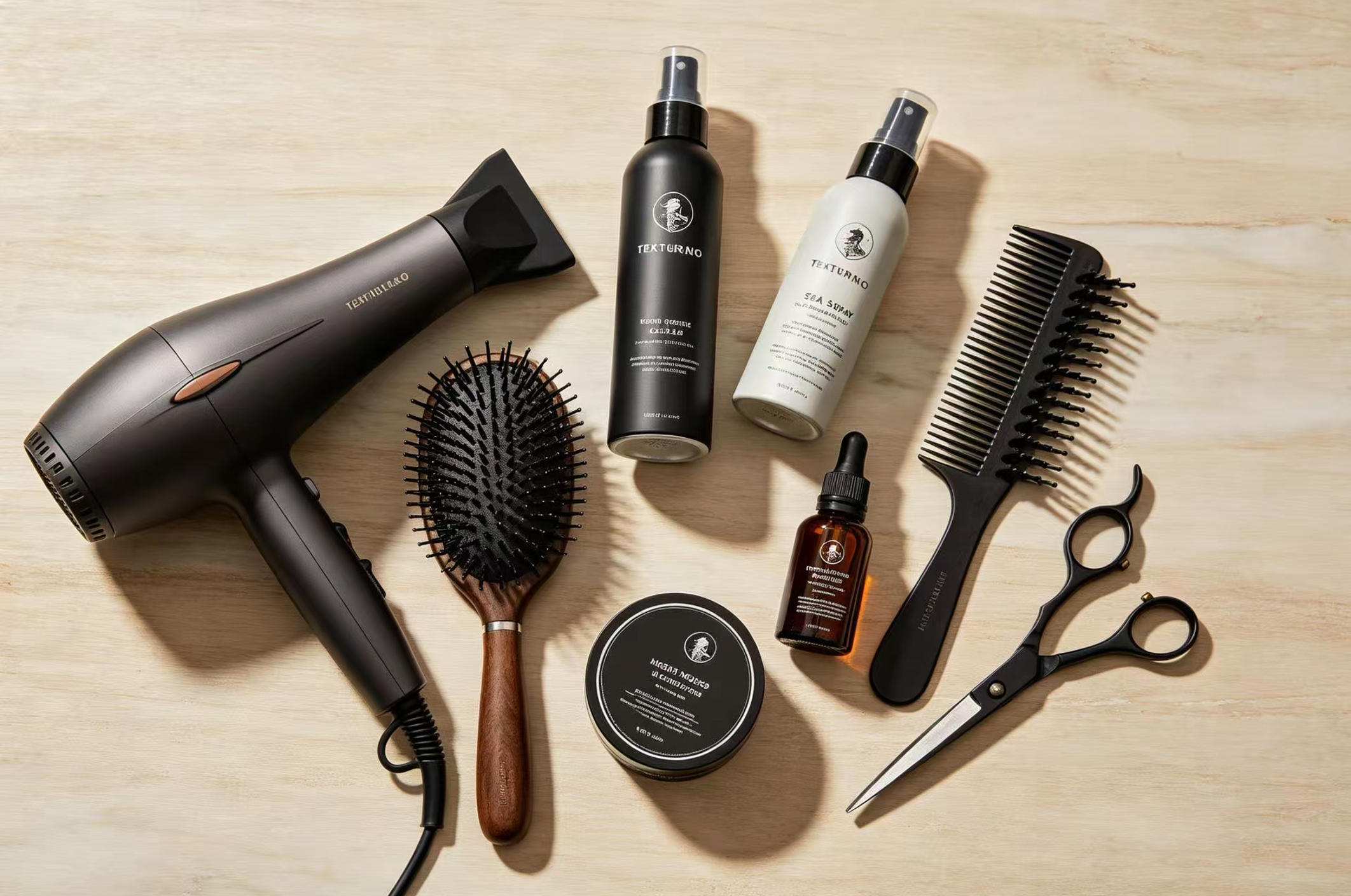 Collection of styling tools and products recommended for maintaining a wolf cut on diamond face shapes
