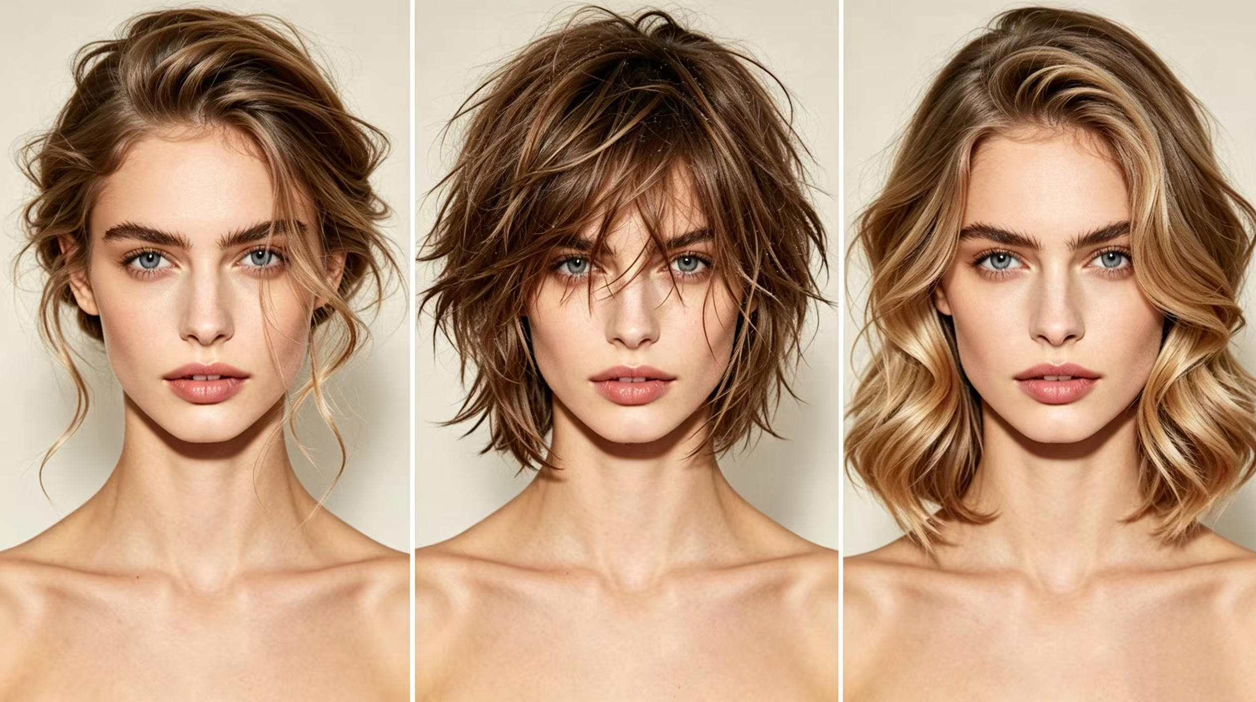 Different wolf cut styling variations shown side by side, demonstrating soft, edgy, and polished options for diamond faces