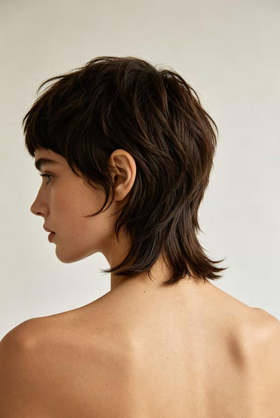 Back view of a wolf cut showing the layered mullet tail and textured nape area