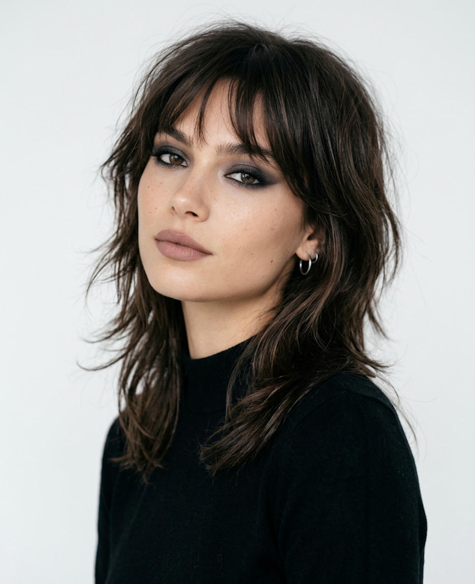 Wolf cut with curtain bangs