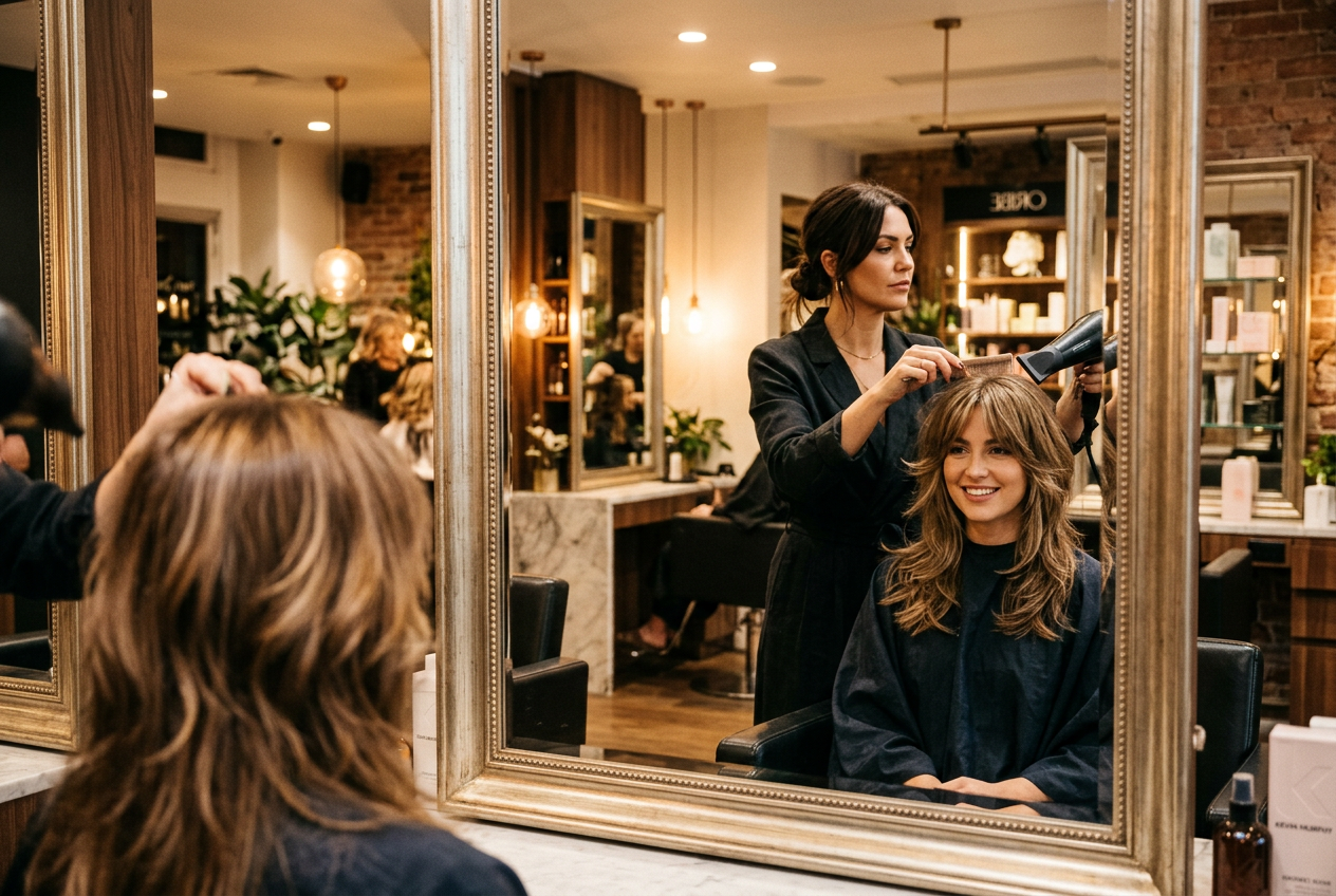 Professional salon finishing a wolf cut