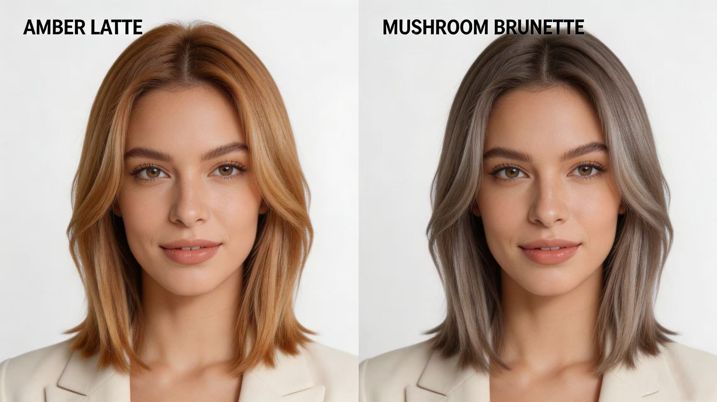 2026 hair color trends - Amber Latte and Mushroom Brunette comparison
