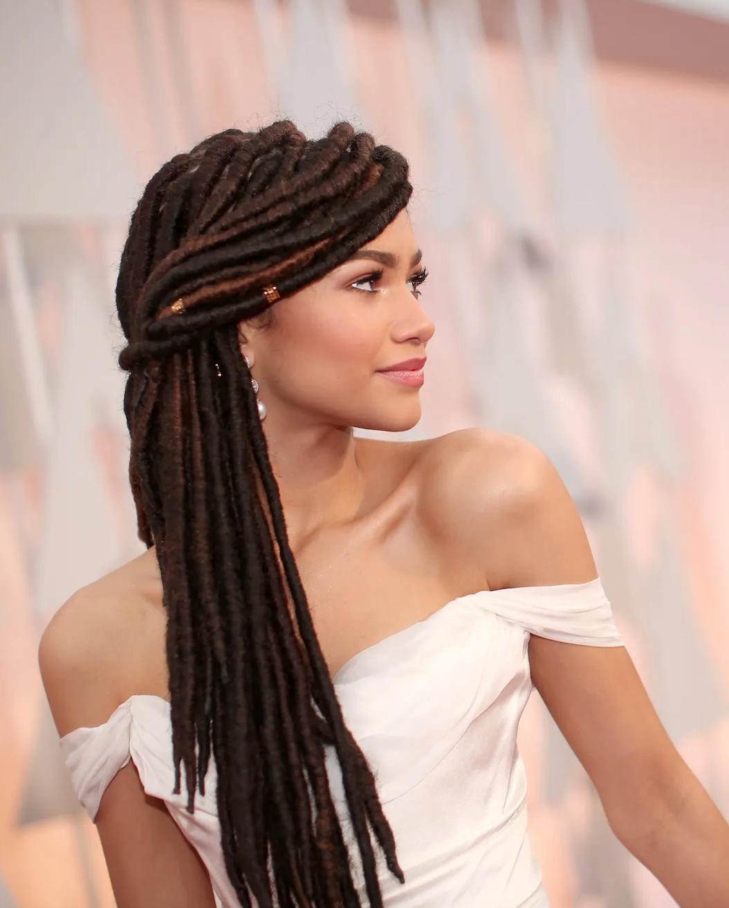 Zendaya inspired red carpet locs hairstyle with elegant side part
