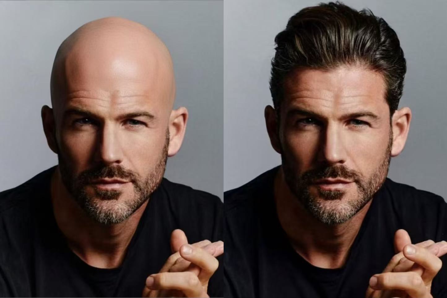 Men's hairstyle before and after comparison with medium flow style