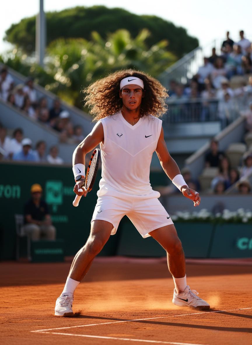 Young Rafael Nadal in 2005 with long curly hair
