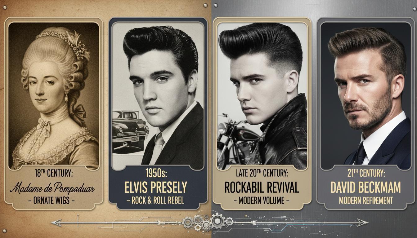 Historical evolution of Pompadour hairstyle from 18th century to modern day
