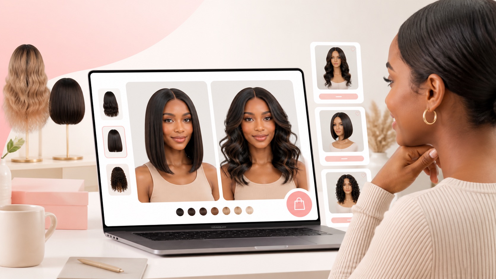 Online shopper comparing wig styles with a virtual wig try-on preview before buying