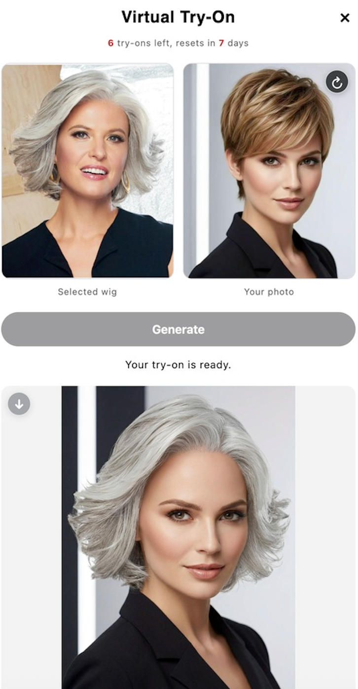 Virtual wig try-on result showing a selected wig, uploaded customer photo, and generated preview