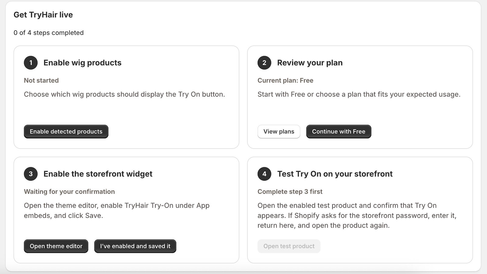Four-step Shopify setup flow for TryHair virtual wig try-on