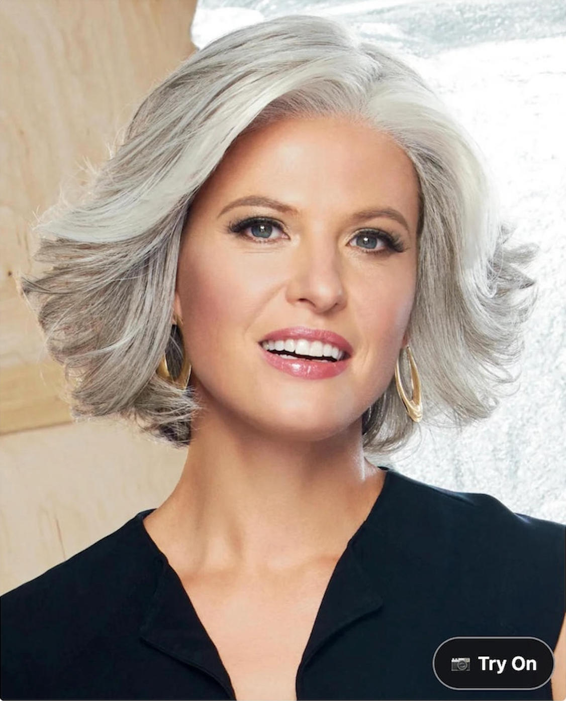A Shopify wig product image with a Try On button in the lower-right corner