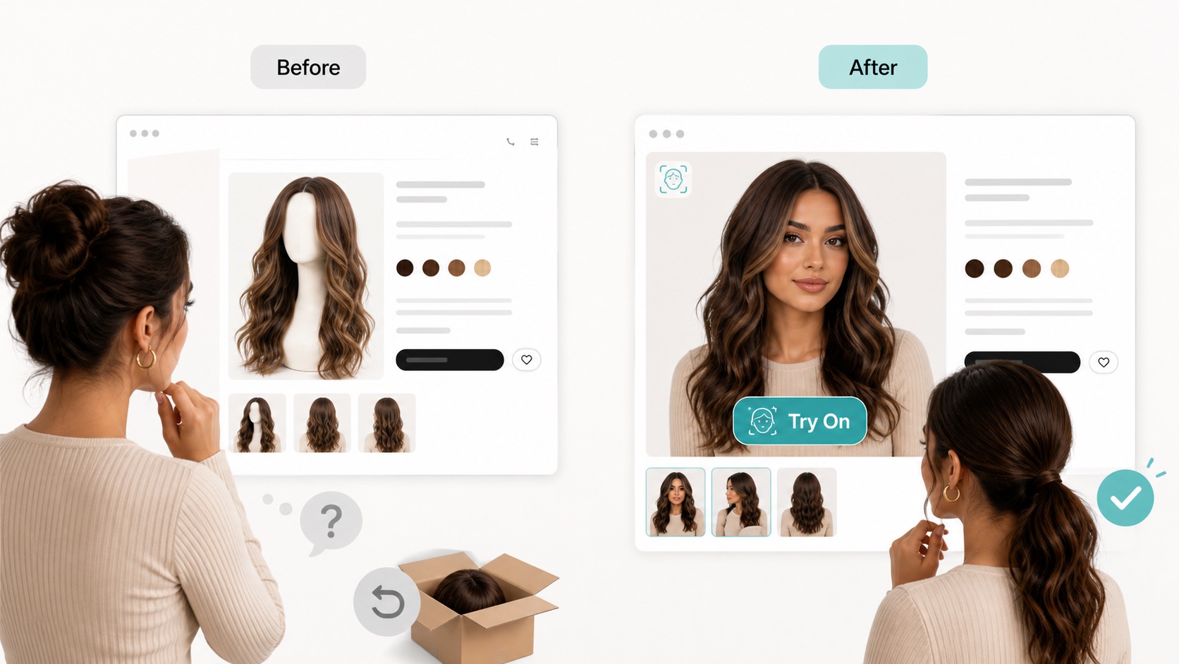 Before and after visual showing how virtual wig try-on can reduce return risk