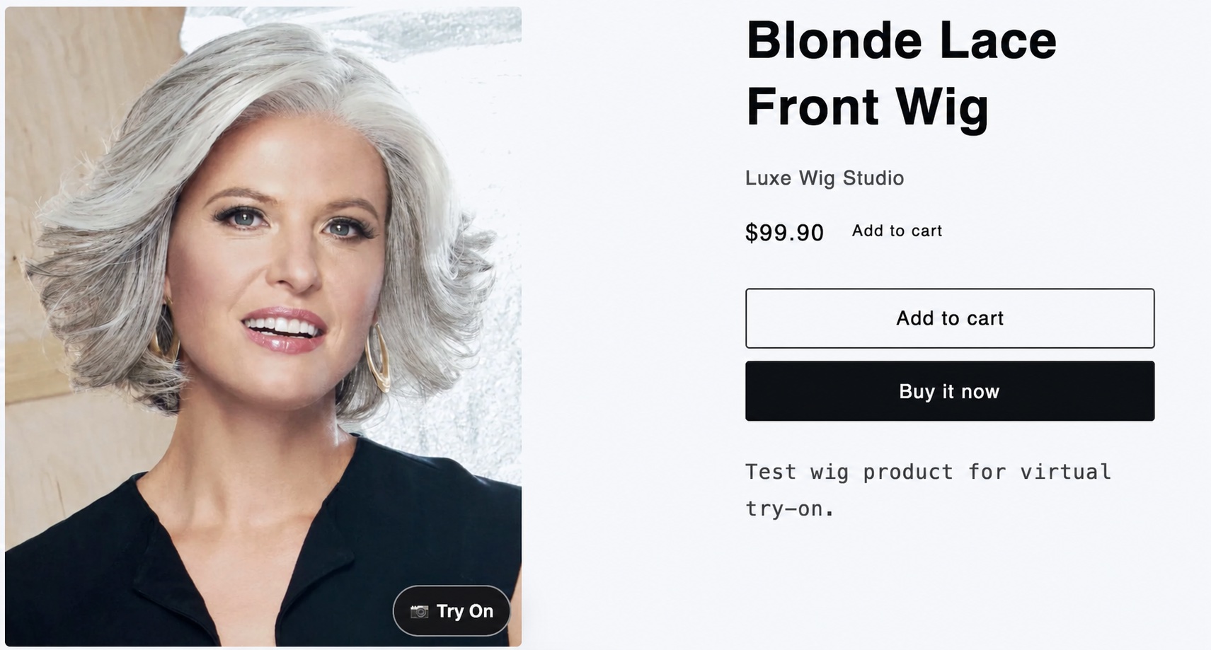 A Shopify wig product page with a Try On button on the product image