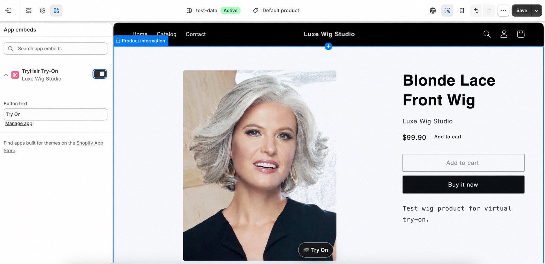 Shopify theme editor showing the TryHair Try-On app embed switch and Save button